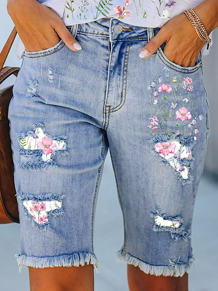 Short en jean ample et décontracté à imprimé floral AH178