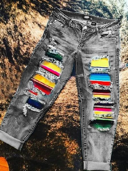 Blue Boho Stripes Ripped Denim Jeans BB16