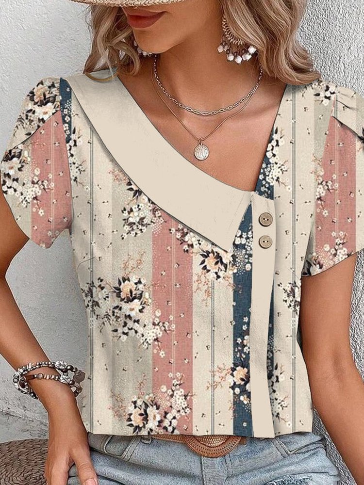 Loose Floral Asymmetrical Collar Casual Shirt WZ102
