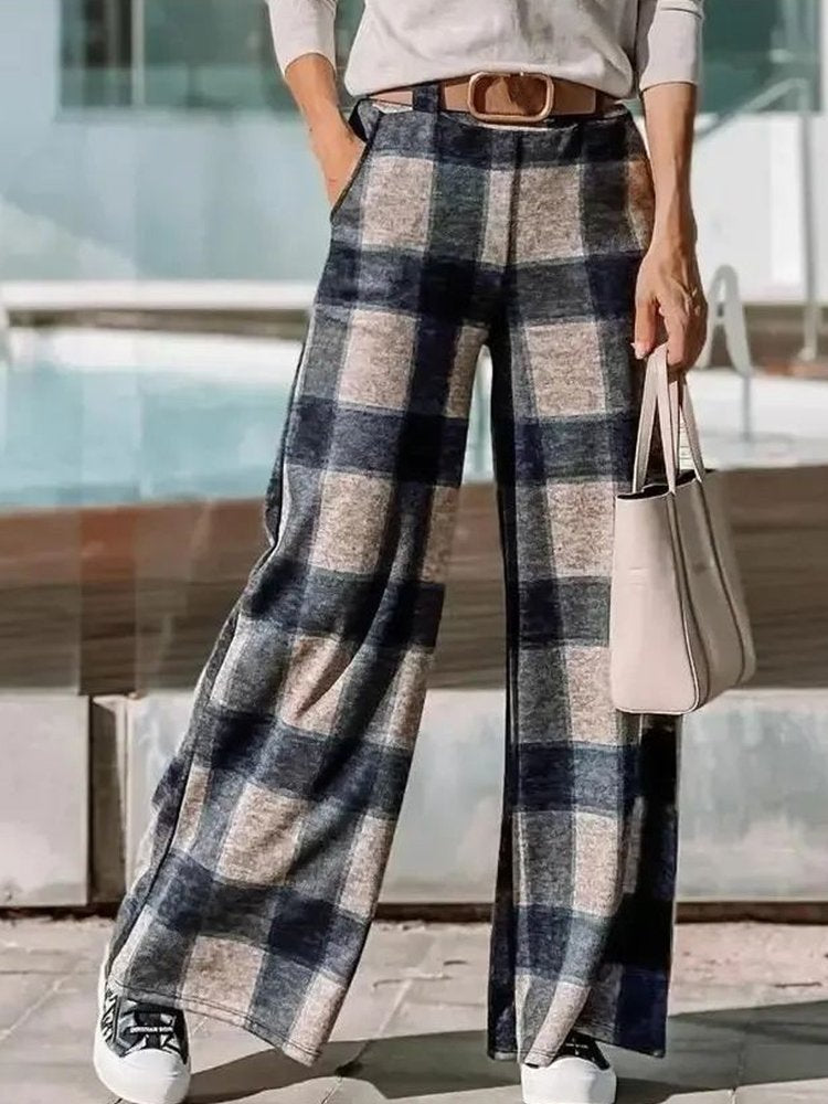 Pantalon large à taille extensible à carreaux vintage WK106