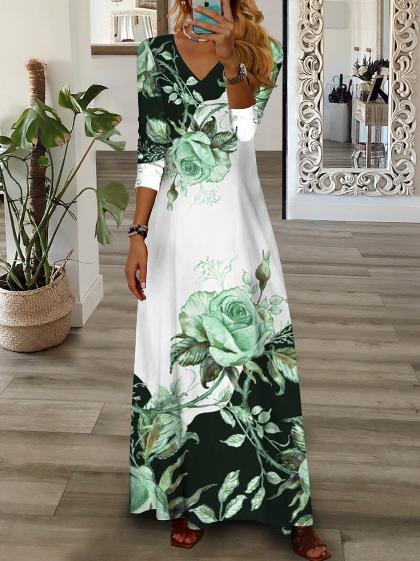 Robe longue à fleurs pour femme, col en V, rose, vert, bleu, jaune, décontractée, AT1004