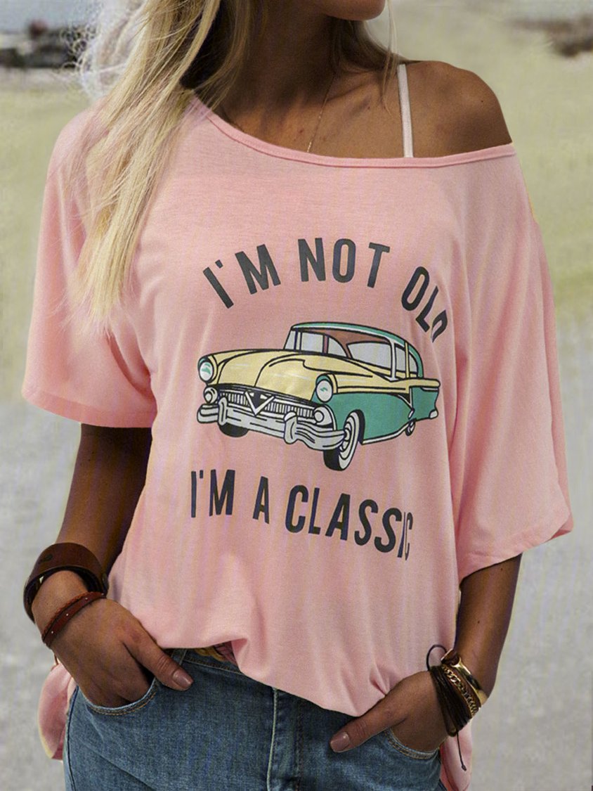 Lässiges T-Shirt mit Rundhalsausschnitt und kurzen Ärmeln und Cartoon-Auto-Aufdruck MMq47