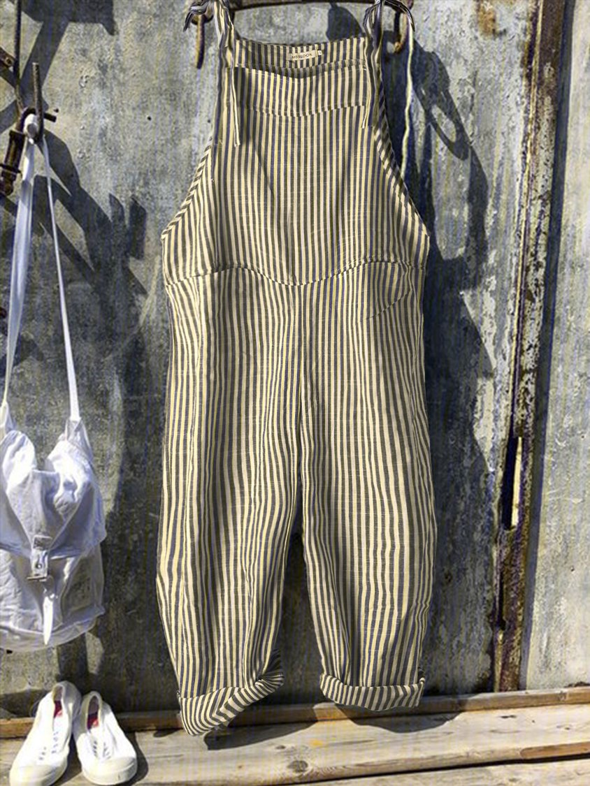 Vintage Black Gray Linen Stripes Pants Linen & Cotton Romper Jumpsuits AH016