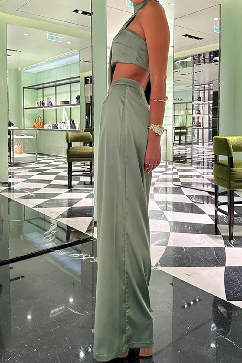 Elegant Solid Backless Asymmetrical Halter Long Sleeve Two Pieces FS1587