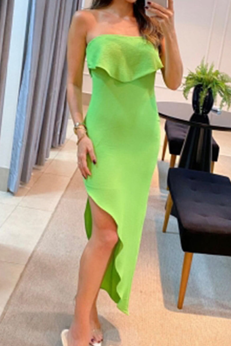 Sweet Elegant Solid Flounce Asymmetrical Strapless Wrapped Skirt Dresses FS1562
