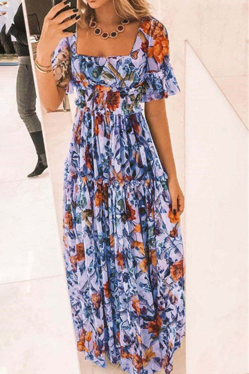Robe élégante à imprimé floral et à col carré avec lisière filante AH278