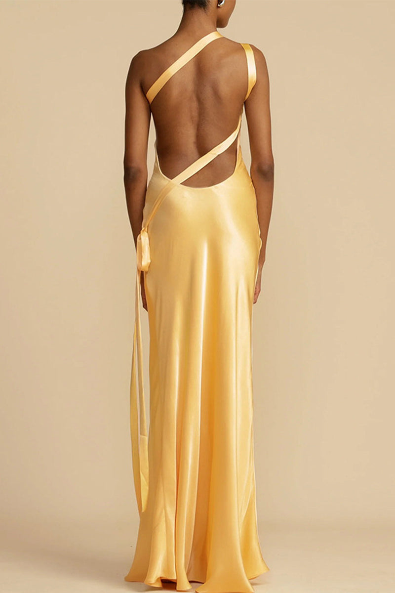 Robe de soirée élégante à col oblique et dos nu, couleur unie, AH173