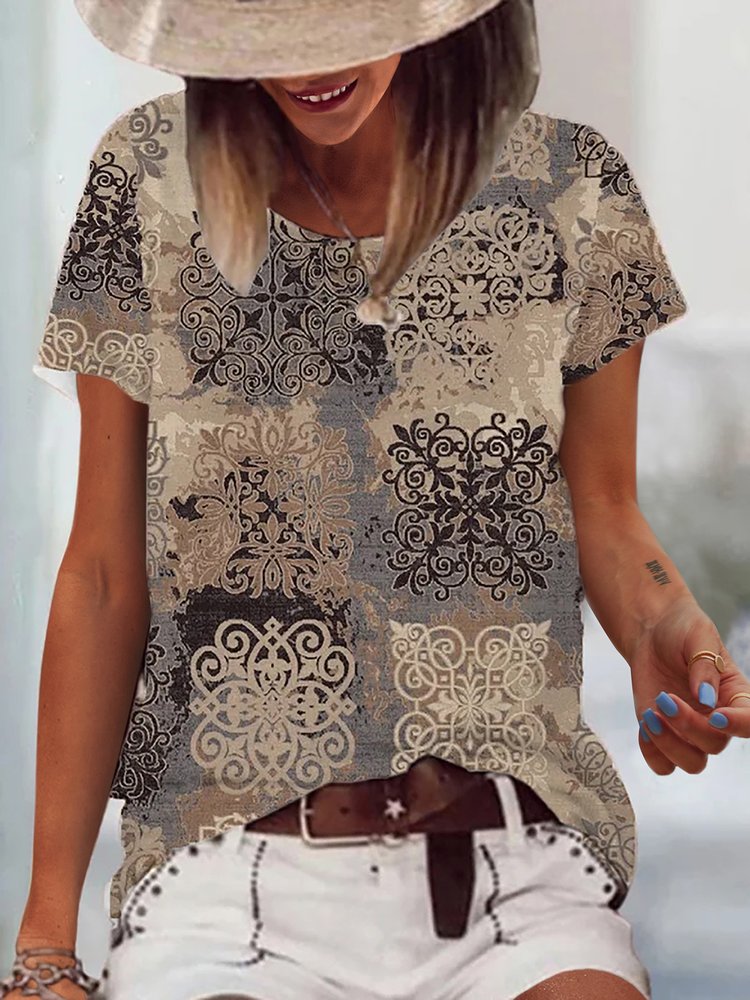 Casual Geometric Printed Round Neck Loosen Short Sleeve T-shirt QH109