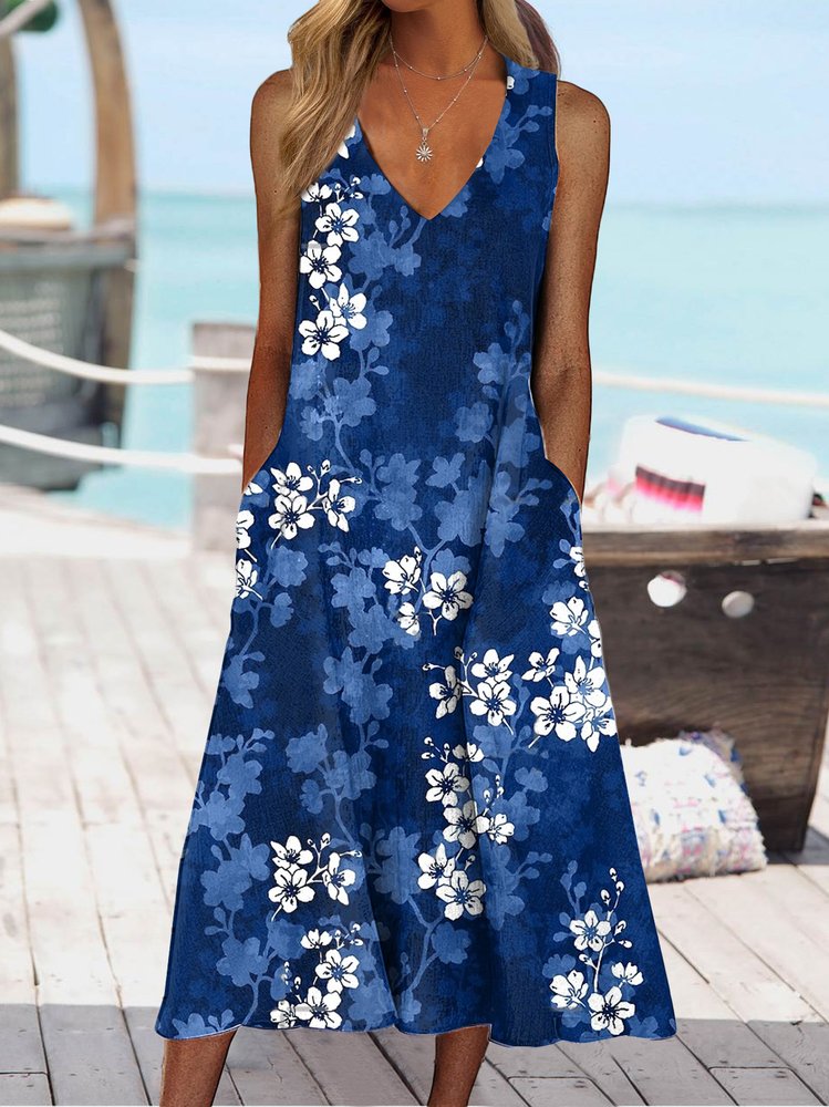 Vacation V neck Regular Fit Floral Dress QPQ116