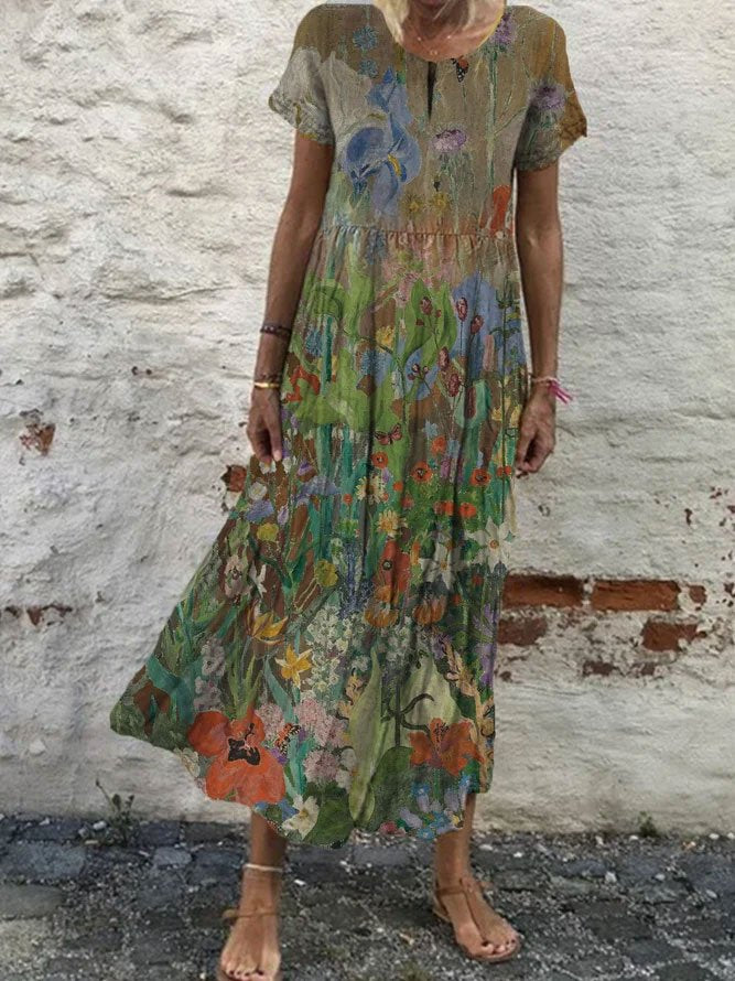 Round Neck Floral Vacation Midi Dress WO98