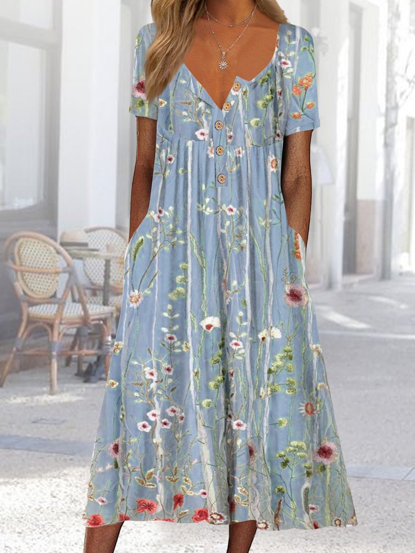 Gradient Flower Loose Long Dress Half Open Button Pocket Dress AH314