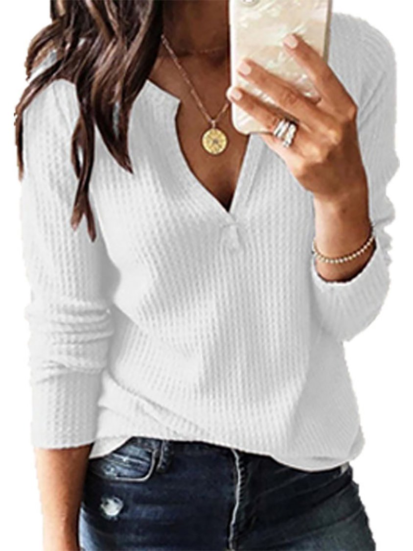 Women Plain Autumn Casual V neck Micro-Elasticity Vintage Solid Long Sleeve shirt & Top MMq11