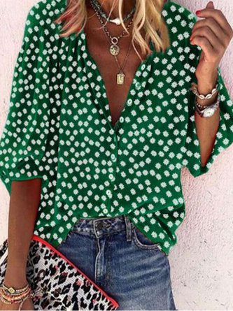 Vintage Half Sleeve Boho Floral Printed St Patricks Day V Neck Casual Top Blouse CZ2