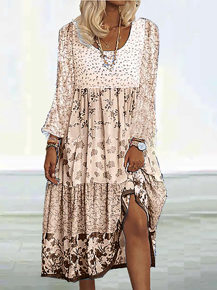 Floral Printed Long Sleeves Sweet Boho Weaving Dress WE117