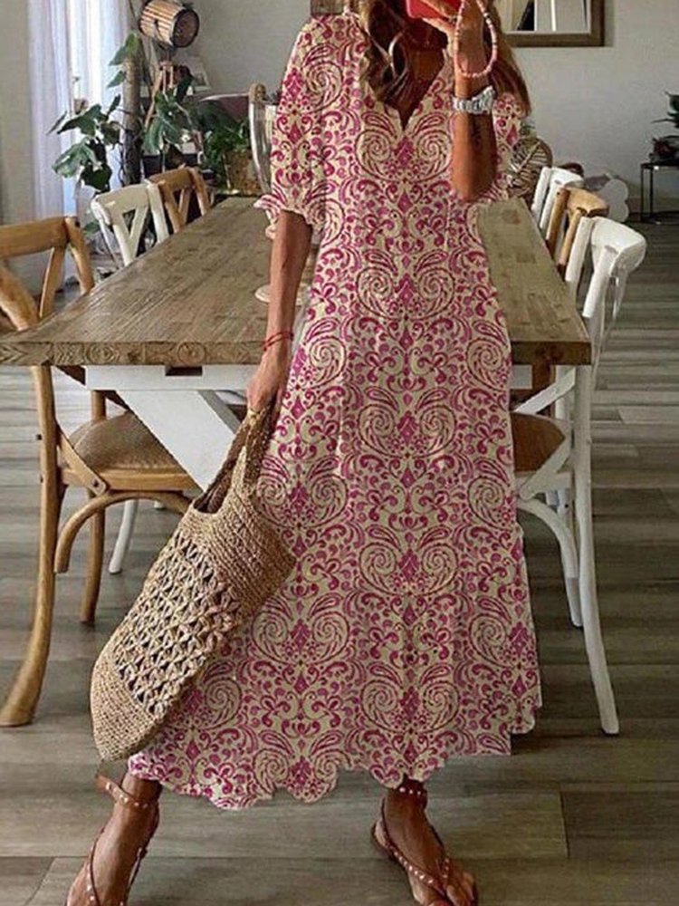 V Neck Loosen Tribal Floral Boho Short sleeve Woven Dress QU95