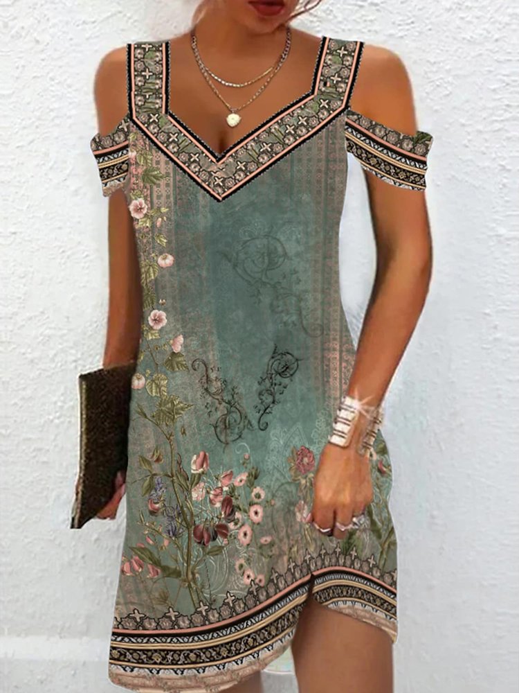 Green Floral V Neck Loose Casual Dress QPQ67