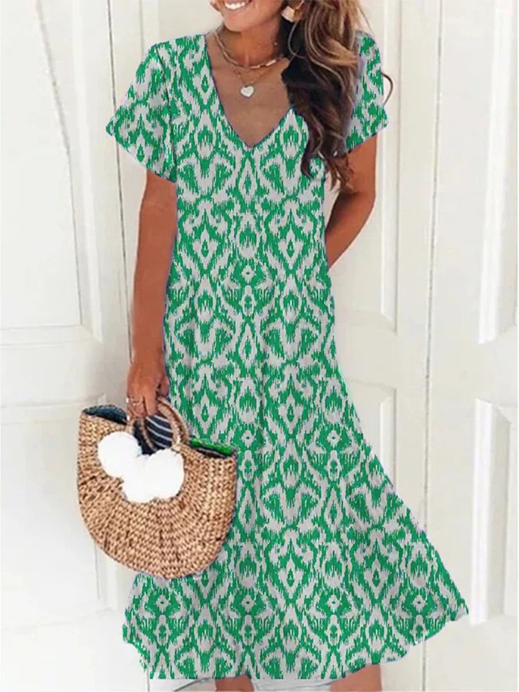 Casual V Neck Geometric Short Sleeve Loose Dress QA54