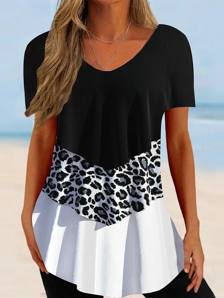 Leopard Regular Fit V Neck Casual T-Shirt WS82