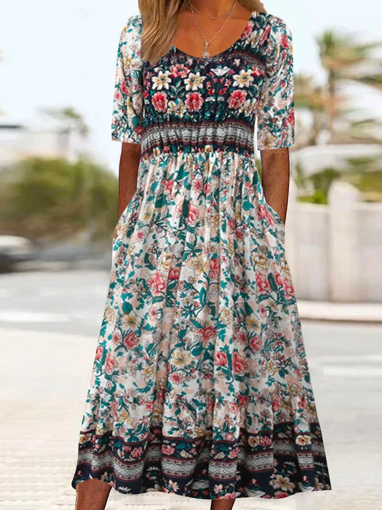Casual Crew Neck Loose Floral Dress QU105