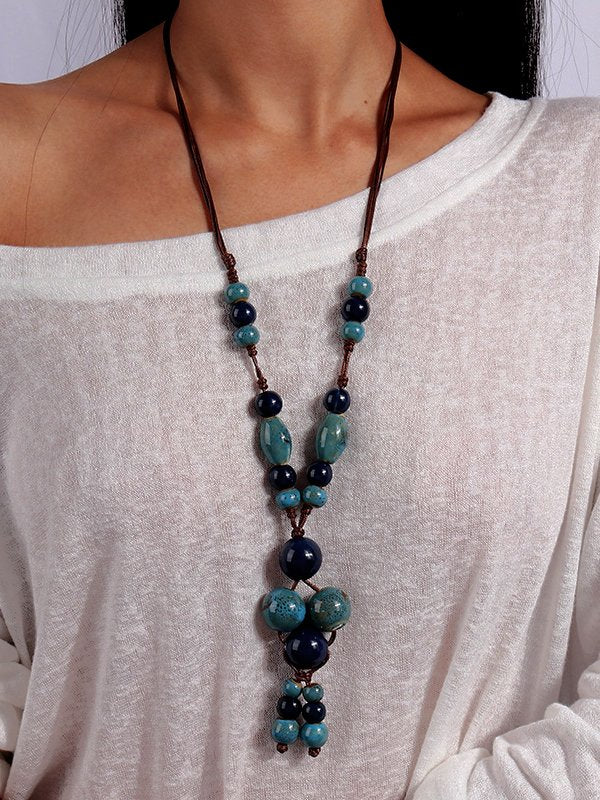Boho Holiday Beaded Ceramic Leather Cord Long Necklace Sweater Chain Beach Dress Ethnic Jewelry QAR100