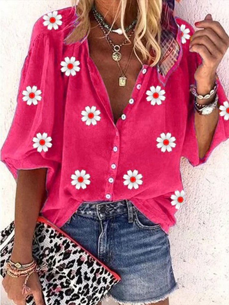 Casual Daisy Loose V neck Three Quarter Sleeve Blouse WG64