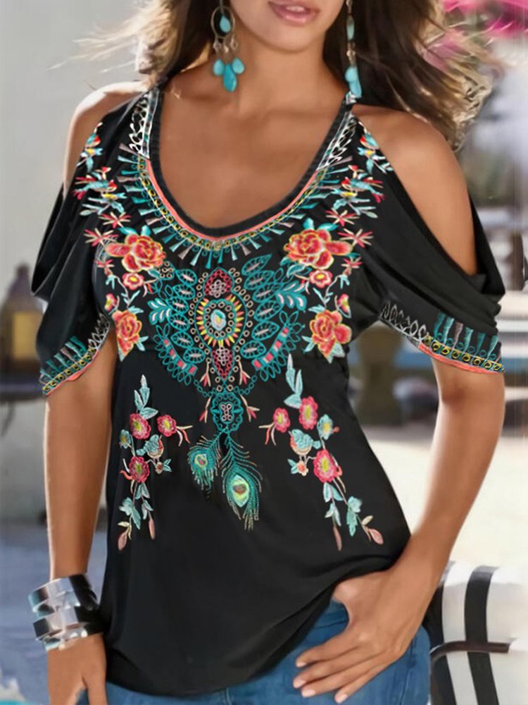 Boho V neck Printed Short Sleeve Short Sleeve T-shirt QH114