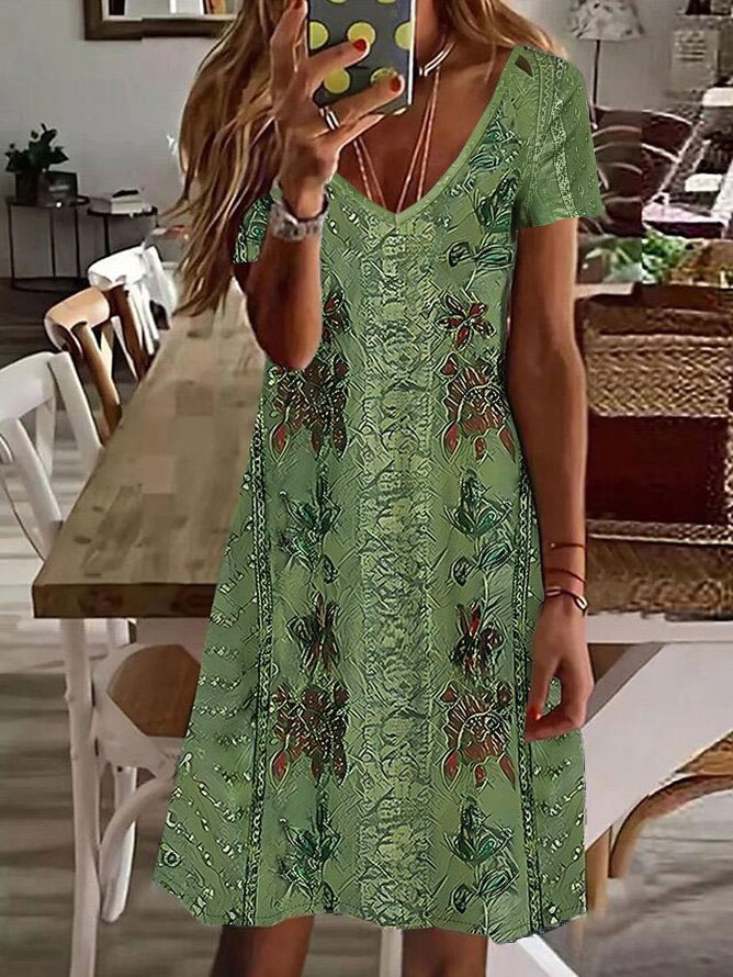 Ethnic Casual V Neck Dress QM93