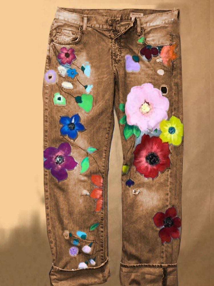 Fashion Denim Floral Casual Jeans QS91