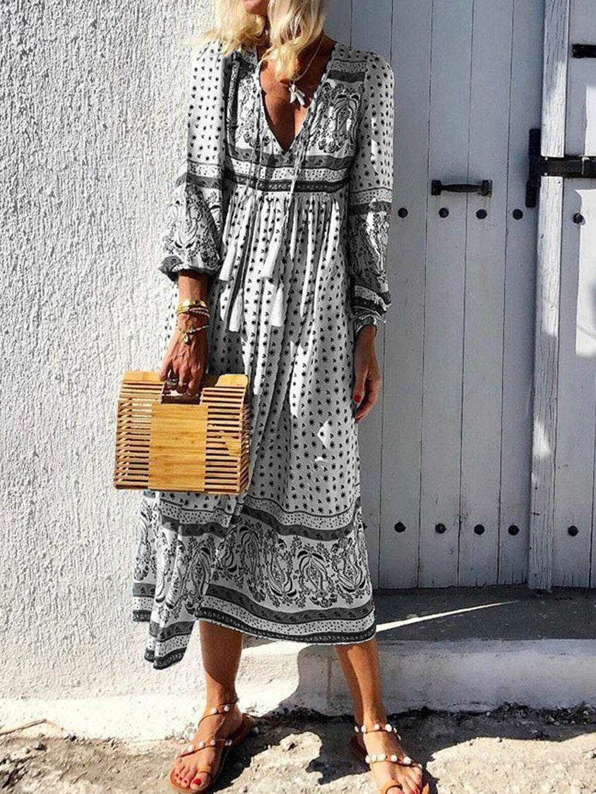 Women Daytime Boho V-Neck Printed Paneled Dress NNq37