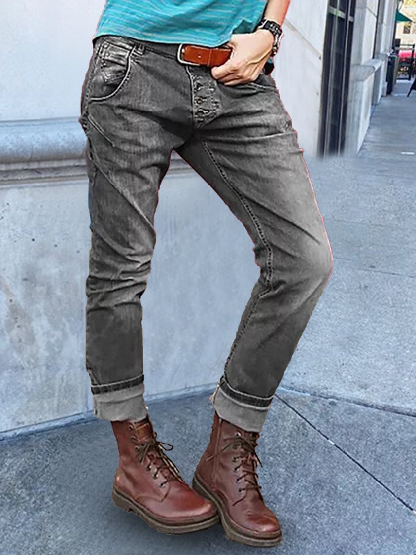 Button Down Pockets Denim Pants Jeans BB10