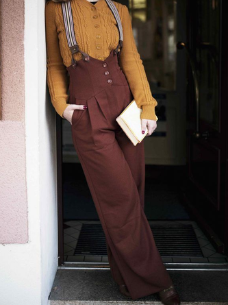 Wine Red Vintage Paneled Plain Cotton-Blend Pants CM27