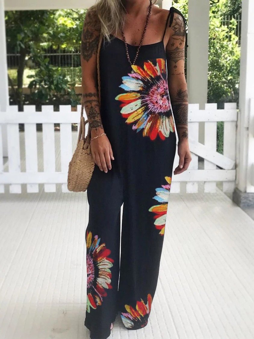 Black Floral Spaghetti Casual Jumpsuit & Romper QAJ59