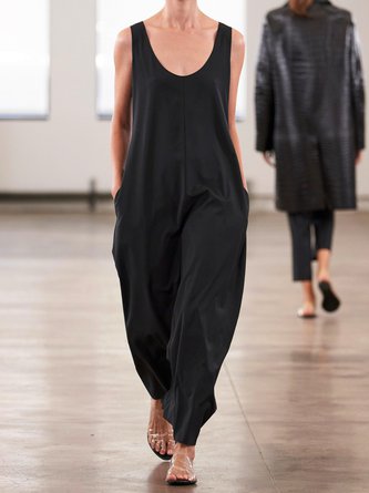 Black Casual Plain Round Neck Cotton-Blend Jumpsuits CM38