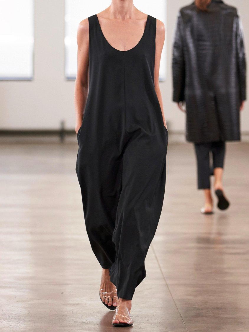 Black Casual Plain Round Neck Cotton-Blend Jumpsuits CM38