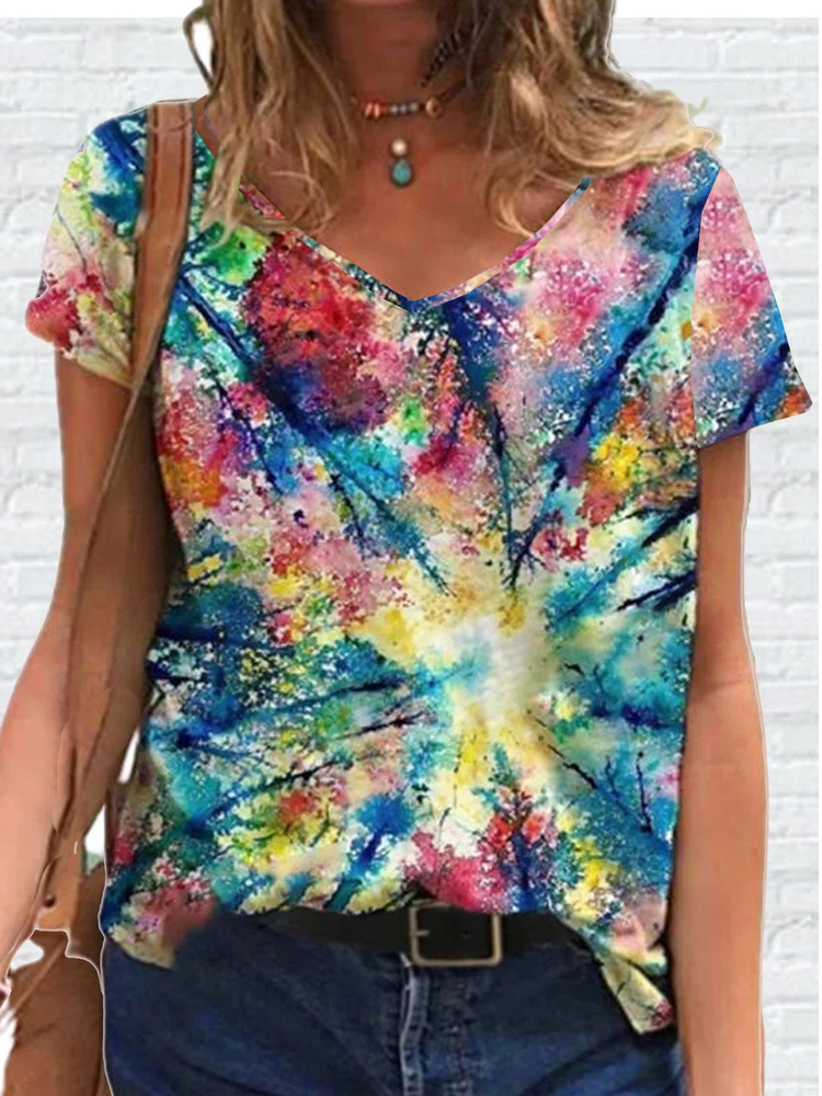 Lässiges T-Shirt mit V-Ausschnitt und kurzen Ärmeln QH110