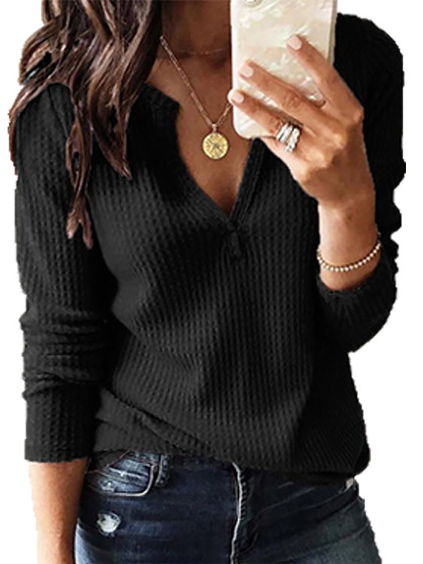 Women Plain Autumn Casual V neck Micro-Elasticity Vintage Solid Long Sleeve shirt & Top MMq11