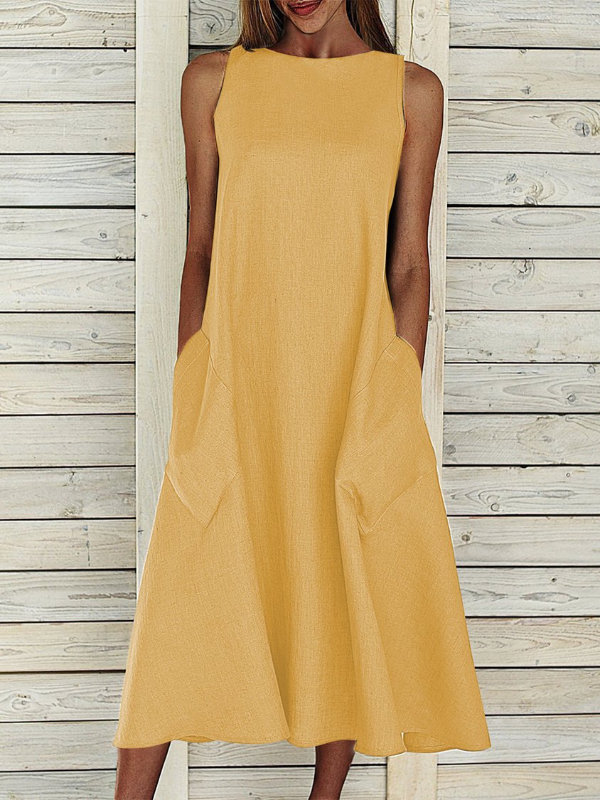 Summer Crew Neck Solid Cotton Blend Sleeveless Pocket Dress NNq14