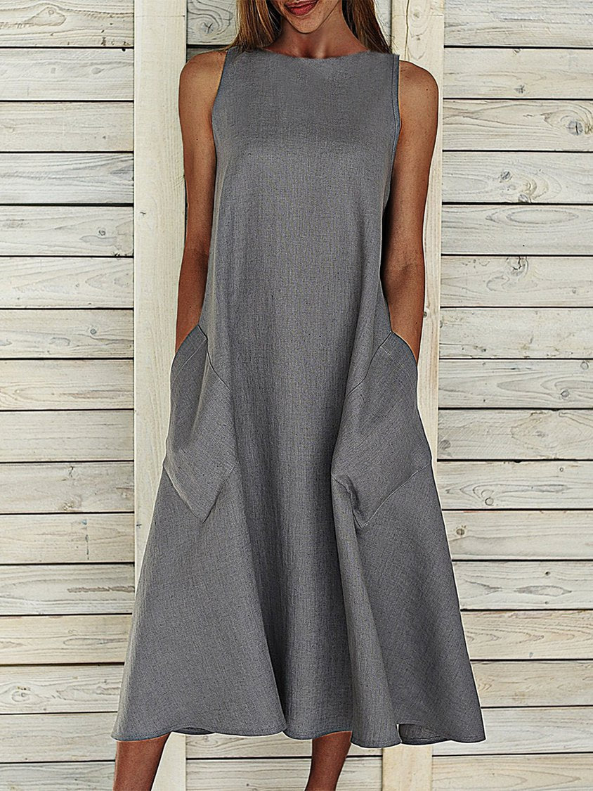 Summer Crew Neck Solid Cotton Blend Sleeveless Pocket Dress NNq14