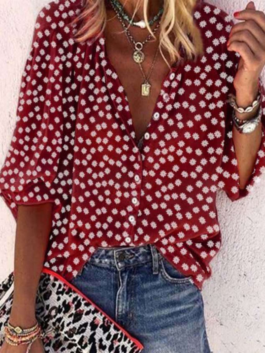 Vintage Half Sleeve Boho Floral Printed St Patricks Day V Neck Casual Top Blouse CZ2