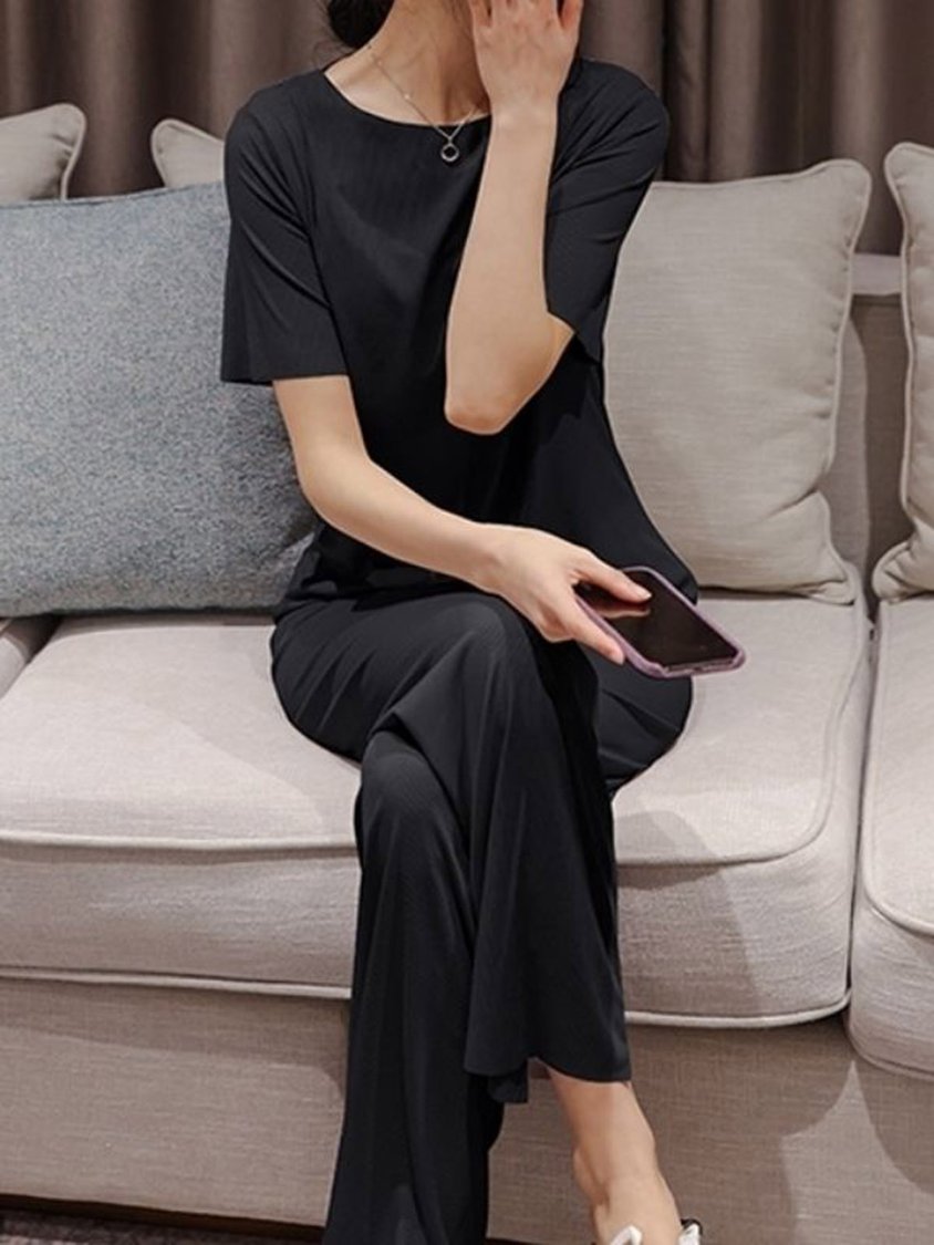 Soft and Comfortable Round Neck Short Sleeve Trousers Loose Casual Homewear Set QAR1