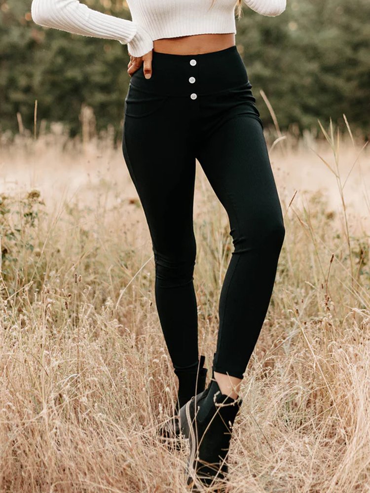Plain button elastic waist Leggings WD97