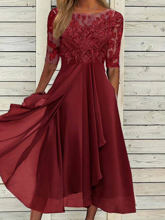 Robe de bal mi-longue élégante à col rond et dentelle AD499