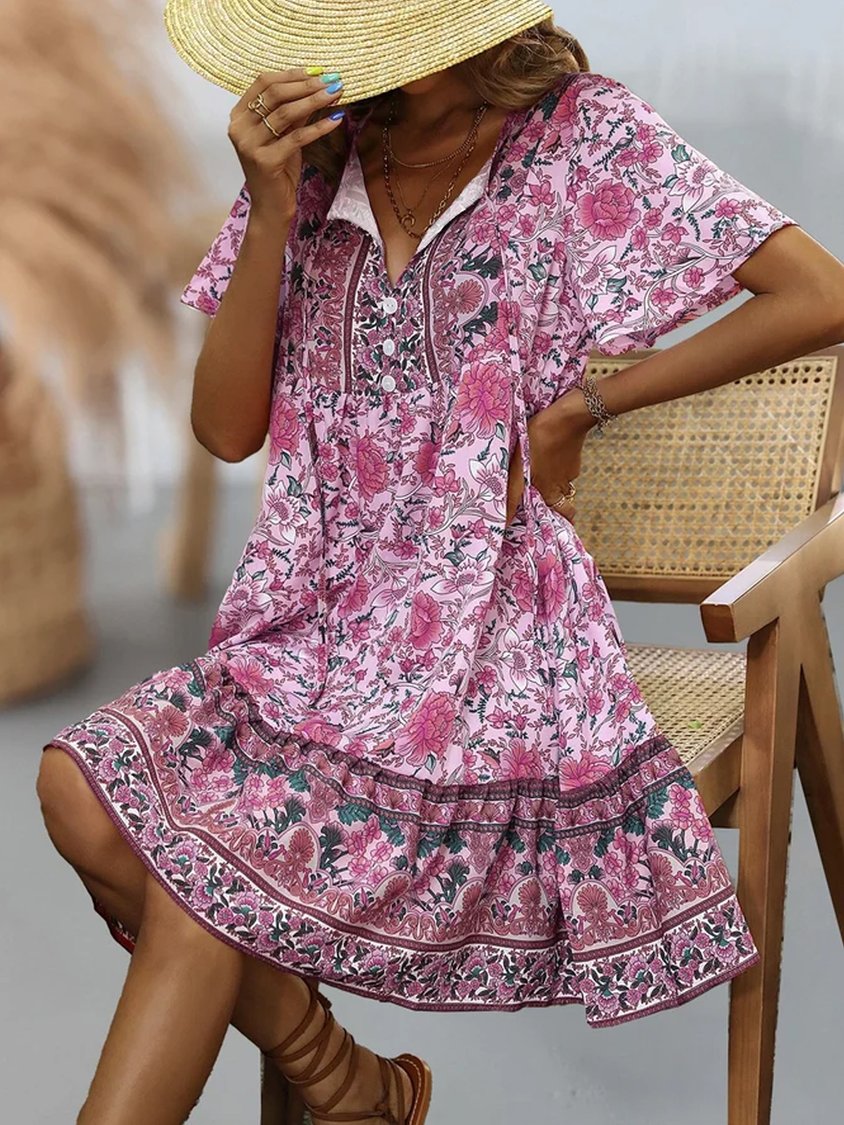 Women's Regular Fit Floral Boho V Neck Dress AT10031