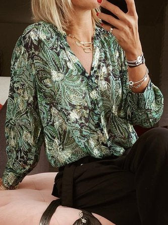 V Neck Casual Abstract Loose Blouse QAF28