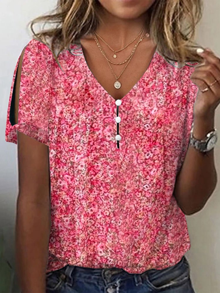 V Neck Floral Buttoned Elegant T-Shirt AH269