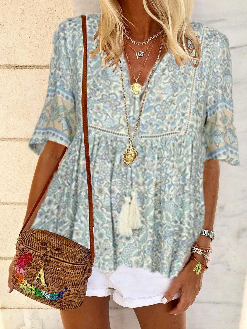 A-Line Half Sleeve V Neck Tops AT100141