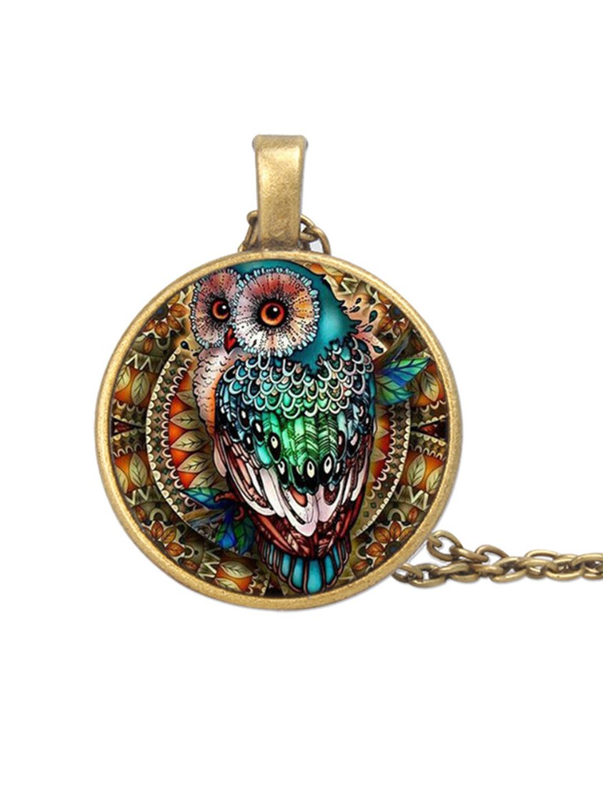 Collier peint en forme de hibou en pierre du temps AT100106