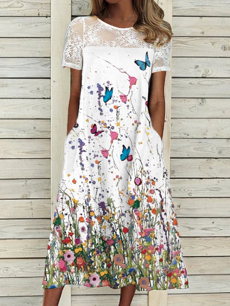 Crew Neck Floral Lace Casual Midi Dresses WJ76
