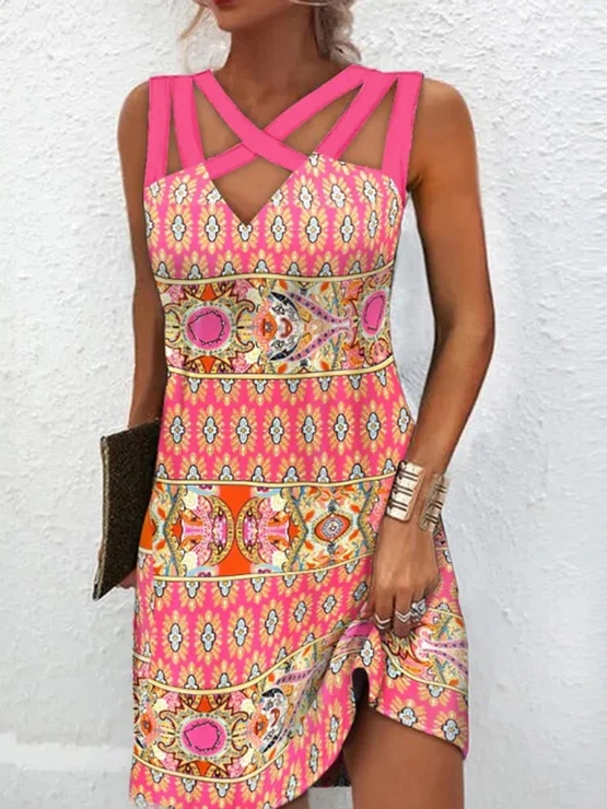 Robe décontractée à bretelles spaghetti ethnique WT78