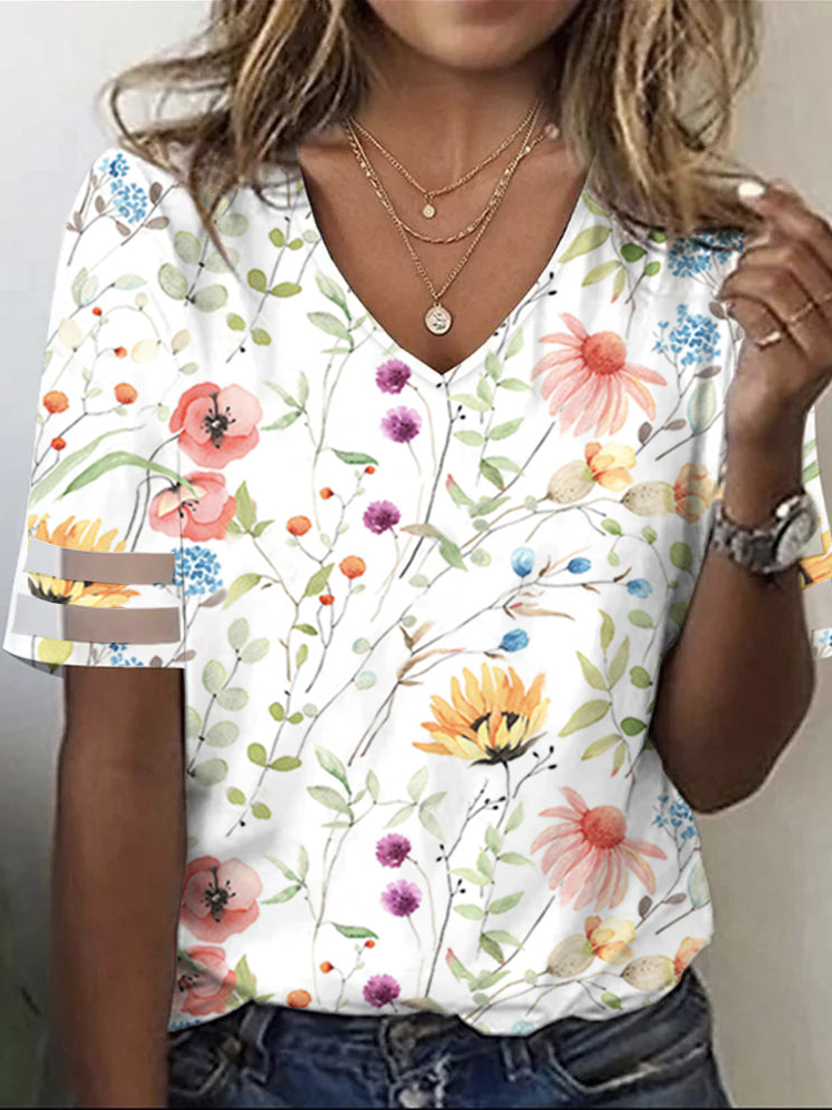 Loose Floral Casual V Neck T-Shirt WS118